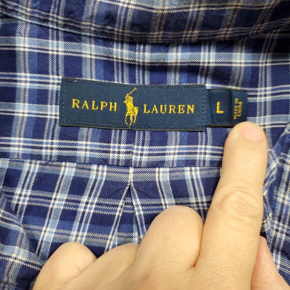 Ralph Lauren Blue Label Long Sleeve Button Down Plaid Shirt Blue White Men Sz L - Picture 3 of 11